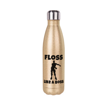 Fortnite Floss Like a Boss, Μεταλλικό παγούρι θερμός Glitter χρυσό (Stainless steel), διπλού τοιχώματος, 500ml