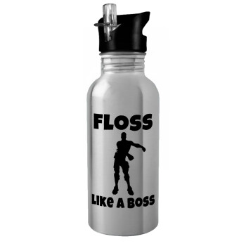 Fortnite Floss Like a Boss, Water bottle Silver with straw, stainless steel 600ml
