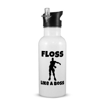 Fortnite Floss Like a Boss, White water bottle with straw, stainless steel 600ml