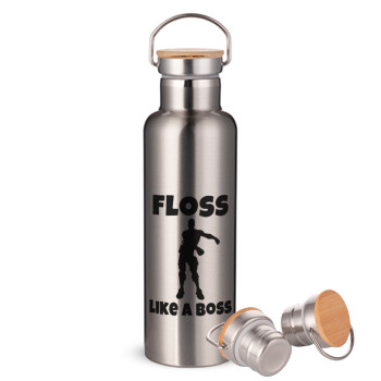 Fortnite Floss Like a Boss, Stainless steel Silver with wooden lid (bamboo), double wall, 750ml