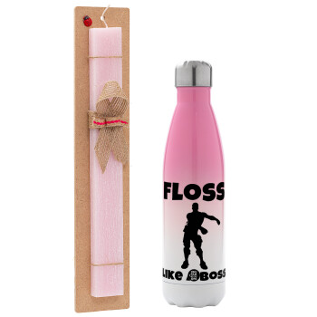 Fortnite Floss Like a Boss, Easter Set, Metallic pink/white (Stainless steel) thermos, double-walled, 500ml & aromatic flat Easter candle (30cm) (PINK)