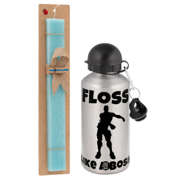 Fortnite Floss Like a Boss, Easter Set, metallic silver aluminum water bottle (500ml) & scented flat Easter candle (30cm) (TURQUOISE)