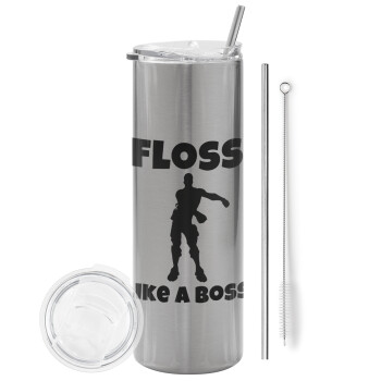 Fortnite Floss Like a Boss, Eco friendly ποτήρι θερμό Ασημένιο (tumbler) από ανοξείδωτο ατσάλι 600ml, με μεταλλικό καλαμάκι & βούρτσα καθαρισμού