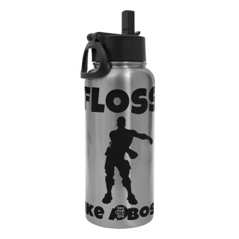 Fortnite Floss Like a Boss, Metal mug thermo Silver with Straw and Spout Lid (Stainless steel), double wall, 950ml