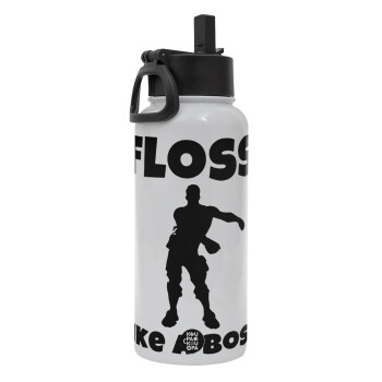 Fortnite Floss Like a Boss, Metal mug thermo White with Straw and Spout Lid (Stainless steel), double wall, 950ml