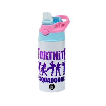 Fortnite #squadgoals, Children's hot water bottle, stainless steel, with safety straw, Pink/BlueCiel (360ml) BPA FREE