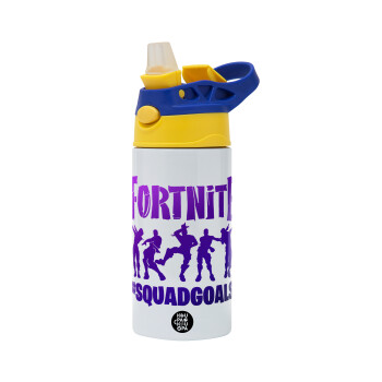 Fortnite #squadgoals, Children's hot water bottle, stainless steel, with safety straw, green, blue (360ml) BPA FREE