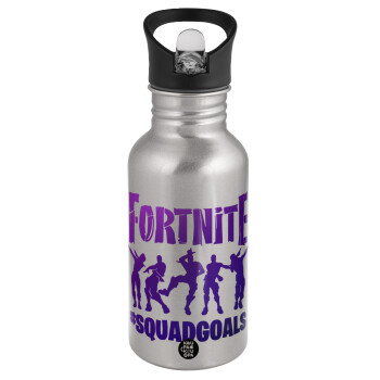 Fortnite #squadgoals, Water bottle Silver with straw, stainless steel 500ml