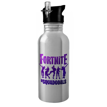 Fortnite #squadgoals, Water bottle Silver with straw, stainless steel 600ml