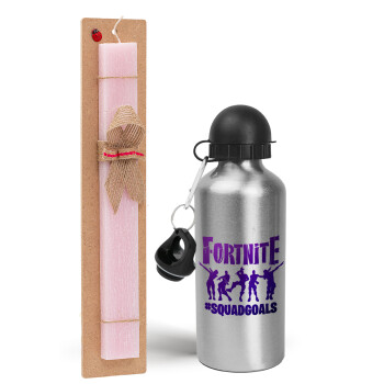 Fortnite #squadgoals, Easter Set, metallic Silver aluminum water bottle (500ml) & scented flat Easter candle (30cm) (PINK)