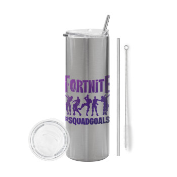 Fortnite #squadgoals, Eco friendly ποτήρι θερμό Ασημένιο (tumbler) από ανοξείδωτο ατσάλι 600ml, με μεταλλικό καλαμάκι & βούρτσα καθαρισμού