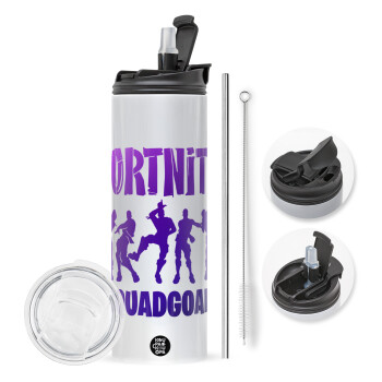 Fortnite #squadgoals, Travel Tumbler 2 Lids, with metal straw & cleaning brush (Stainless steel 304 Food grade, BPA free, 600ml)