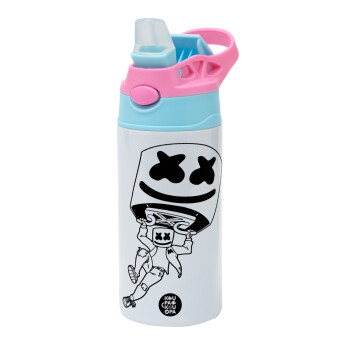 Fortnite Marshmello, Children's hot water bottle, stainless steel, with safety straw, Pink/BlueCiel (360ml) BPA FREE