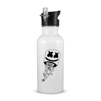 Fortnite Marshmello, White water bottle with straw, stainless steel 600ml