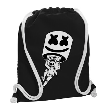 Fortnite Marshmello, Τσάντα πλάτης πουγκί GYMBAG Μαύρη, με τσέπη (40x48cm) & χονδρά λευκά κορδόνια