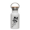 Metallic thermos (Stainless steel) White with wooden lid (bamboo), double-walled, 350ml