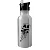 Water bottle Silver with straw, stainless steel 600ml