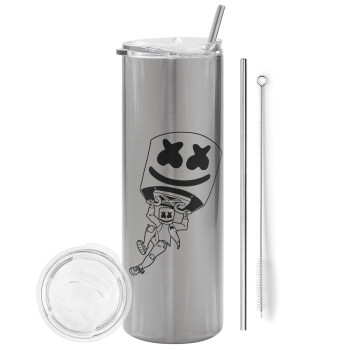 Fortnite Marshmello, Tumbler stainless steel Silver 600ml, with metal straw & cleaning brush