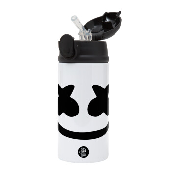 Marshmello, Children's hot water bottle, stainless steel, with safety straw, Black (360ml) BPA-FREE