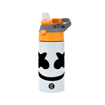 Marshmello, Children's hot water bottle, stainless steel, with safety straw, Orange/Grey (360ml) BPA-FREE