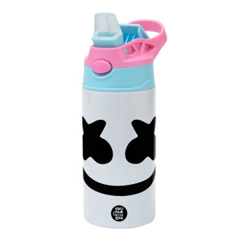 Marshmello, Children's hot water bottle, stainless steel, with safety straw, Pink/BlueCiel (360ml) BPA FREE