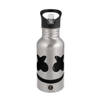 Marshmello, Water bottle Silver with straw, stainless steel 500ml