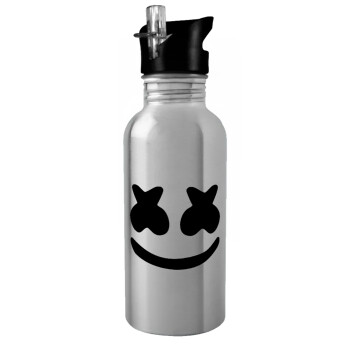 Marshmello, Water bottle Silver with straw, stainless steel 600ml