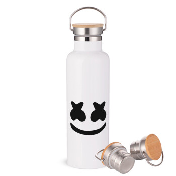 Marshmello, Stainless steel White with wooden lid (bamboo), double wall, 750ml