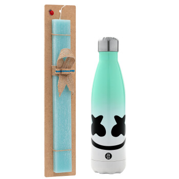 Marshmello, Easter Set, Metallic green/white thermos (Stainless steel), double-walled, 500ml & scented flat Easter candle (30cm) (TURQUOISE)