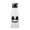 White water bottle with straw, stainless steel 600ml