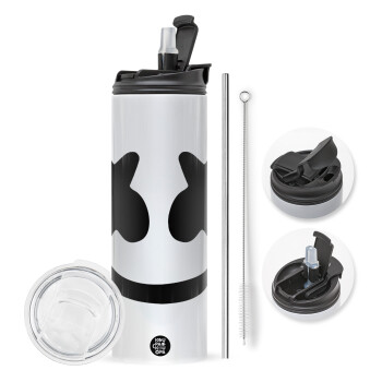 Marshmello, Travel Tumbler 2 Lids, with metal straw & cleaning brush (Stainless steel 304 Food grade, BPA free, 600ml)