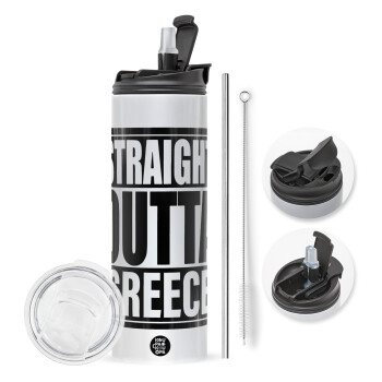 Straight Outta greece, Travel Tumbler θερμό με διπλό καπάκι, μεταλλικό καλαμάκι και βούρτσα καθαρισμού (Ανωξείδωτο 304 Food grade, BPA free, 600ml)