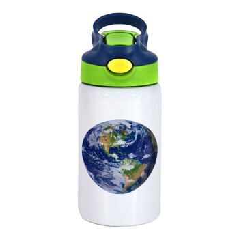 Planet Earth, Children's hot water bottle, stainless steel, with safety straw, green, blue (350ml)