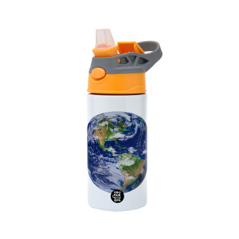 Planet Earth, Children's hot water bottle, stainless steel, with safety straw, Orange/Grey (360ml) BPA-FREE