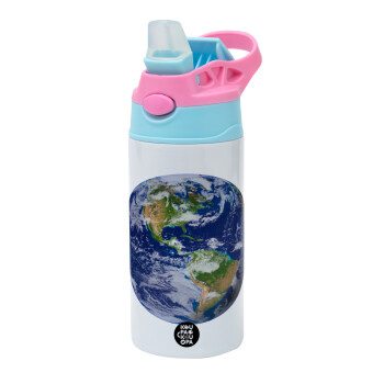 Planet Earth, Children's hot water bottle, stainless steel, with safety straw, Pink/BlueCiel (360ml) BPA FREE