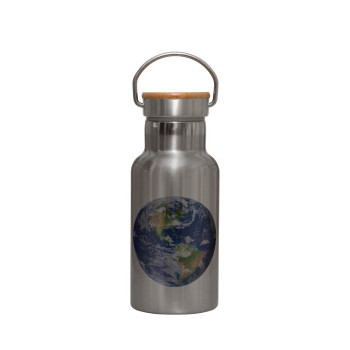 Planet Earth, Stainless steel metallic thermos flask, silver with a bamboo lid, double-walled, 350ml.