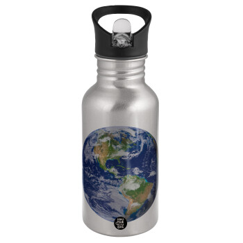 Planet Earth, Water bottle Silver with straw, stainless steel 500ml