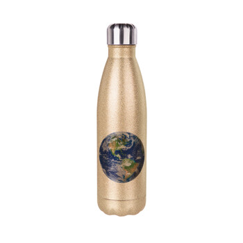 Planet Earth, Glitter gold stainless steel thermos bottle, double-walled, 500ml