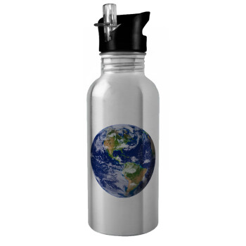 Planet Earth, Water bottle Silver with straw, stainless steel 600ml