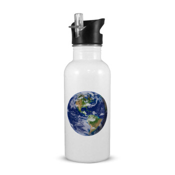 Planet Earth, White water bottle with straw, stainless steel 600ml