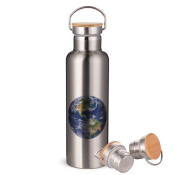 Planet Earth, Stainless steel Silver with wooden lid (bamboo), double wall, 750ml