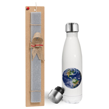 Planet Earth, Easter candle, metallic white thermos bottle (500ml) & aromatic flat candle (30cm) (GRAY)