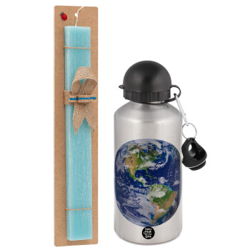 Planet Earth, Easter Set, metallic silver aluminum water bottle (500ml) & scented flat Easter candle (30cm) (TURQUOISE)