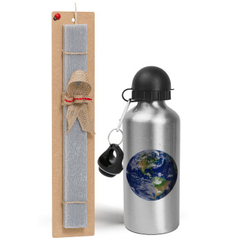 Planet Earth, Easter Set, metallic silver aluminum water bottle (500ml) & aromatic flat Easter candle (30cm) (GRAY)