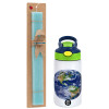 Easter Set, Children's thermal stainless steel bottle with safety straw, green/blue (350ml) & aromatic flat Easter candle (30cm) (TURQUOISE)