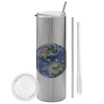 Planet Earth, Eco friendly ποτήρι θερμό Ασημένιο (tumbler) από ανοξείδωτο ατσάλι 600ml, με μεταλλικό καλαμάκι & βούρτσα καθαρισμού