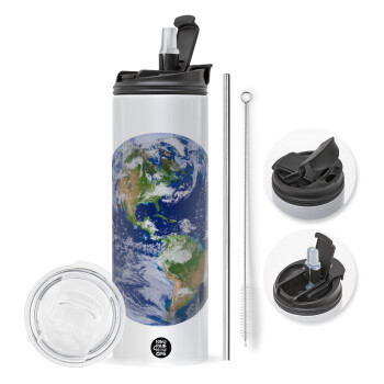 Planet Earth, Travel Tumbler θερμό με διπλό καπάκι, μεταλλικό καλαμάκι και βούρτσα καθαρισμού (Ανωξείδωτο 304 Food grade, BPA free, 600ml)