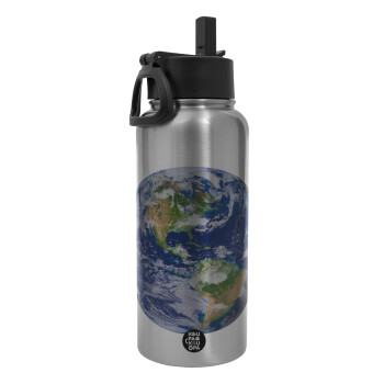 Planet Earth, Metal mug thermo Silver with Straw and Spout Lid (Stainless steel), double wall, 950ml