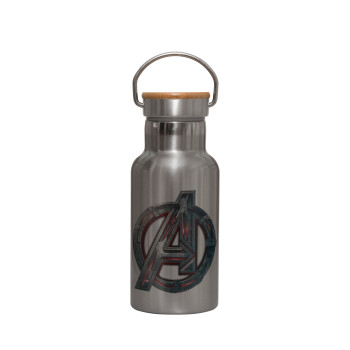 Avengers, Stainless steel metallic thermos flask, silver with a bamboo lid, double-walled, 350ml.