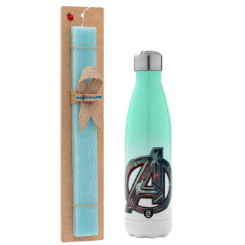 Avengers, Easter Set, Metallic green/white thermos (Stainless steel), double-walled, 500ml & scented flat Easter candle (30cm) (TURQUOISE)